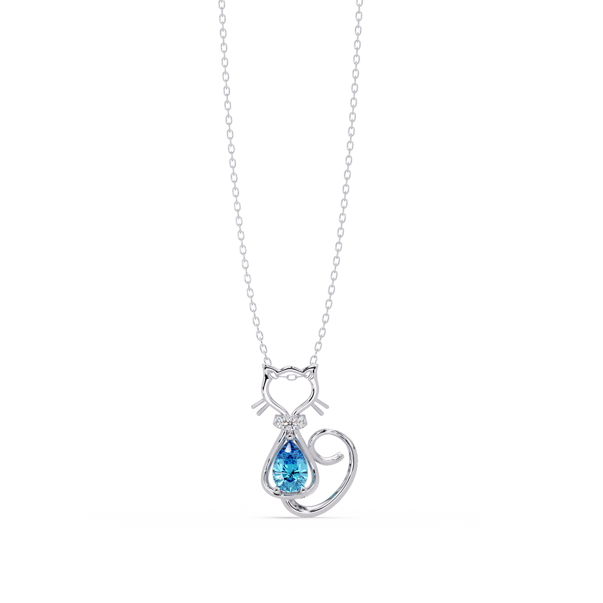 0.4 CTW Pear Cat Motif Colorstone Pendant Necklace — Aquamarine Sky Blue — 14K White Gold