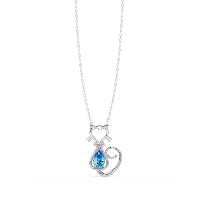 0.4 CTW Pear Cat Motif Colorstone Pendant Necklace — Aquamarine Sky Blue — 14K White Gold