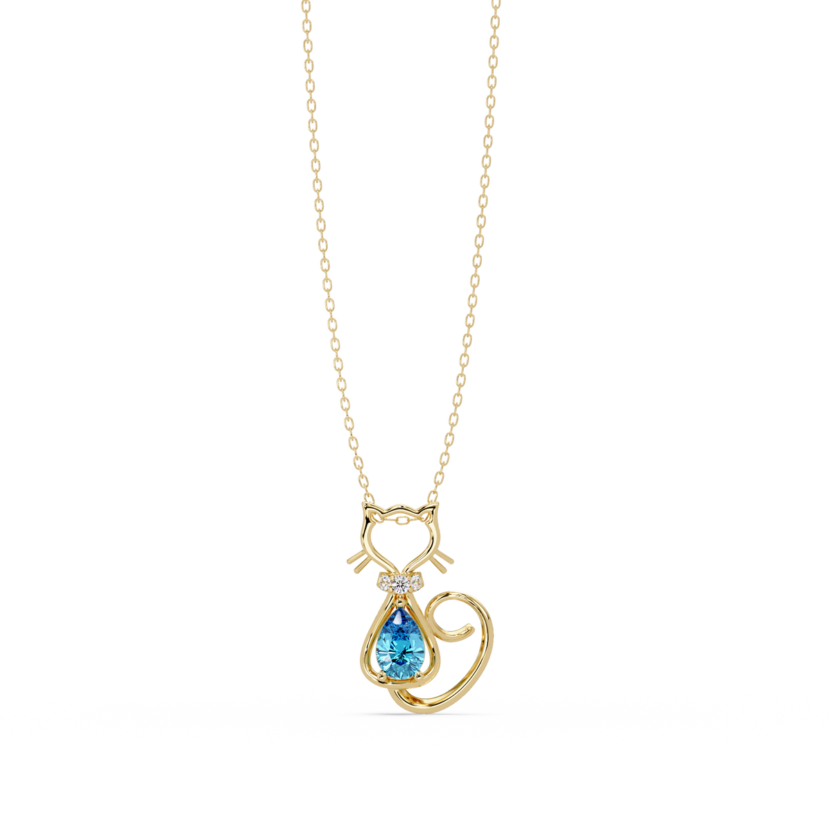 0.4 CTW Pear Cat Motif Colorstone Pendant Necklace — Aquamarine Sky Blue — 14K Yellow Gold