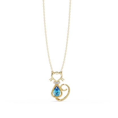 0.4 CTW Pear Cat Motif Colorstone Pendant Necklace — Aquamarine Sky Blue — 14K Yellow Gold