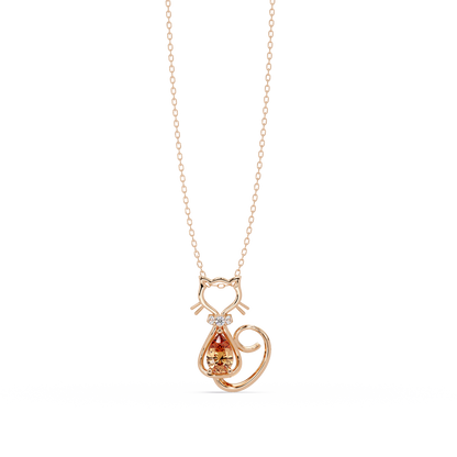 0.4 CTW Pear Cat Motif Colorstone Pendant Necklace — Champagne Topaz Amber — 14K Rose Gold