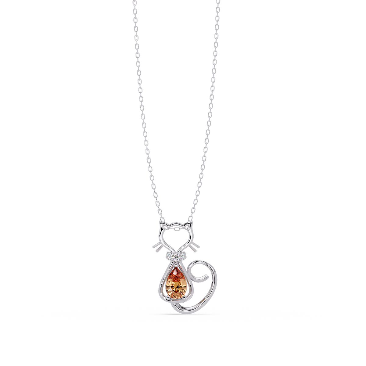 0.4 CTW Pear Cat Motif Colorstone Pendant Necklace — Champagne Topaz Amber — 14K White Gold