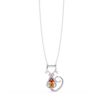 0.4 CTW Pear Cat Motif Colorstone Pendant Necklace — Champagne Topaz Amber — 14K White Gold