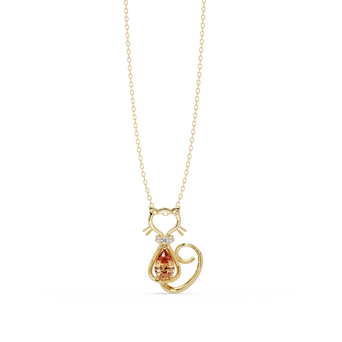 0.4 CTW Pear Cat Motif Colorstone Pendant Necklace — Champagne Topaz Amber — 14K Yellow Gold