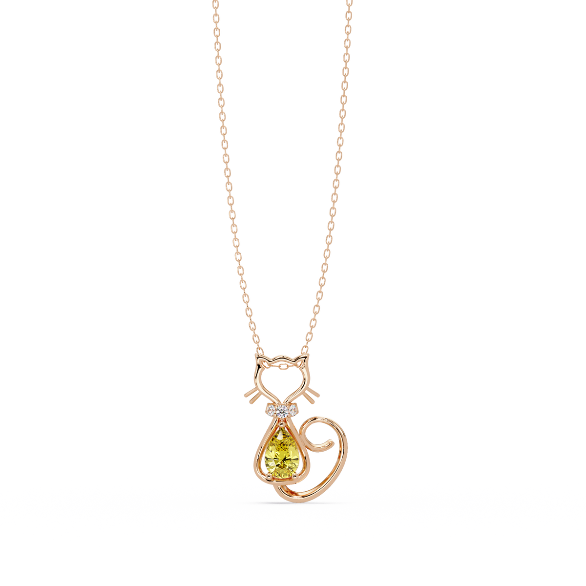 0.4 CTW Pear Cat Motif Colorstone Pendant Necklace — Citrine Lemon Yellow — 14K Rose Gold
