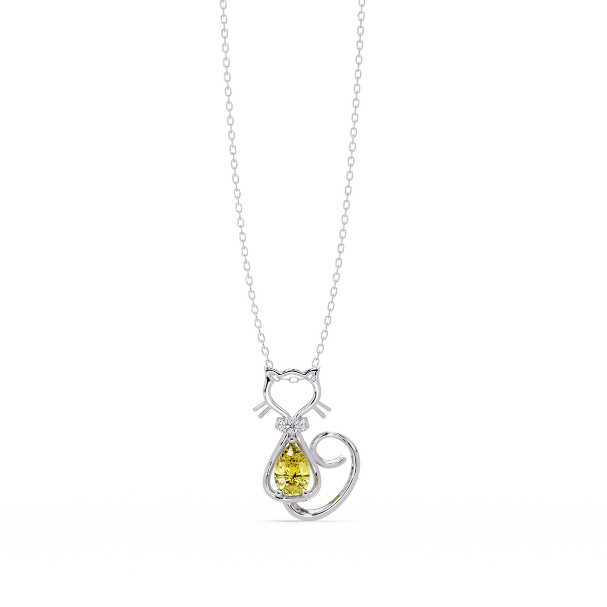 0.4 CTW Pear Cat Motif Colorstone Pendant Necklace — Citrine Lemon Yellow — 14K White Gold