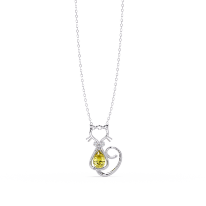 0.4 CTW Pear Cat Motif Colorstone Pendant Necklace — Citrine Lemon Yellow — 14K White Gold