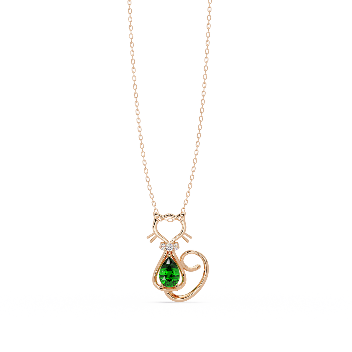 0.4 CTW Pear Cat Motif Colorstone Pendant Necklace — Emerald Deep Green — 14K Rose Gold