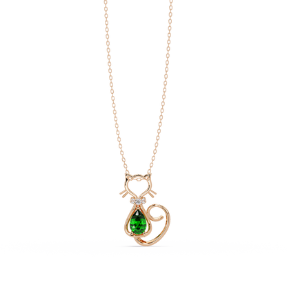 0.4 CTW Pear Cat Motif Colorstone Pendant Necklace — Emerald Deep Green — 14K Rose Gold