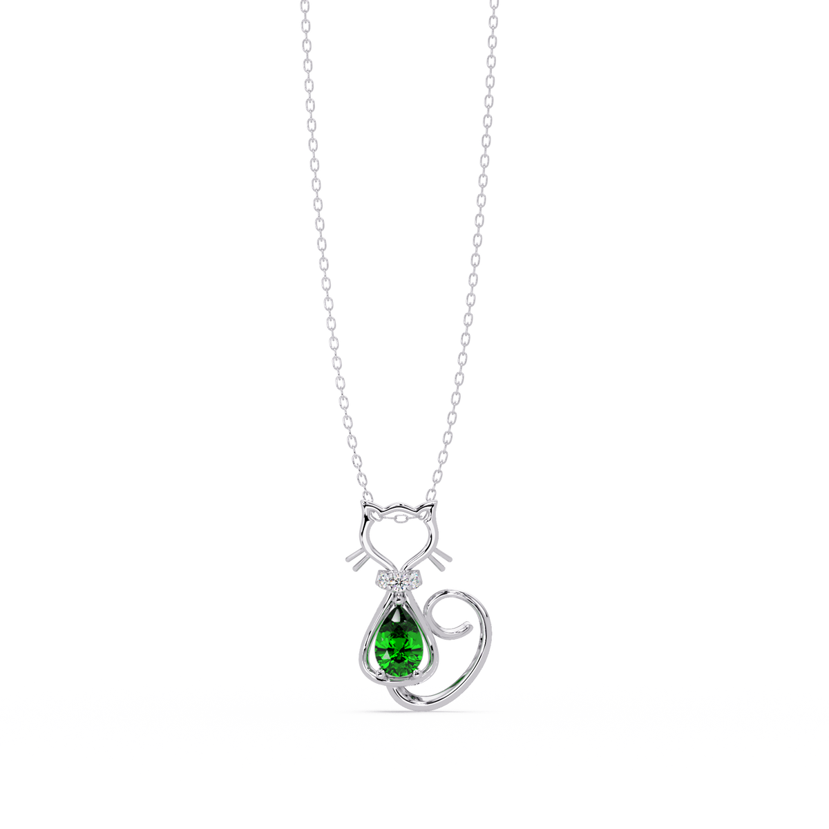 0.4 CTW Pear Cat Motif Colorstone Pendant Necklace — Emerald Deep Green — 14K White Gold