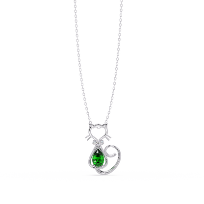 0.4 CTW Pear Cat Motif Colorstone Pendant Necklace — Emerald Deep Green — 14K White Gold