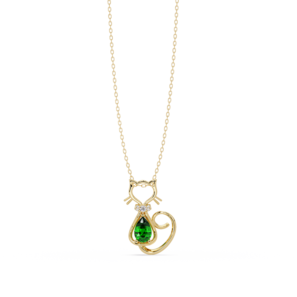 0.4 CTW Pear Cat Motif Colorstone Pendant Necklace — Emerald Deep Green — 14K Yellow Gold