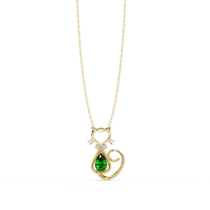 0.4 CTW Pear Cat Motif Colorstone Pendant Necklace — Emerald Deep Green — 14K Yellow Gold