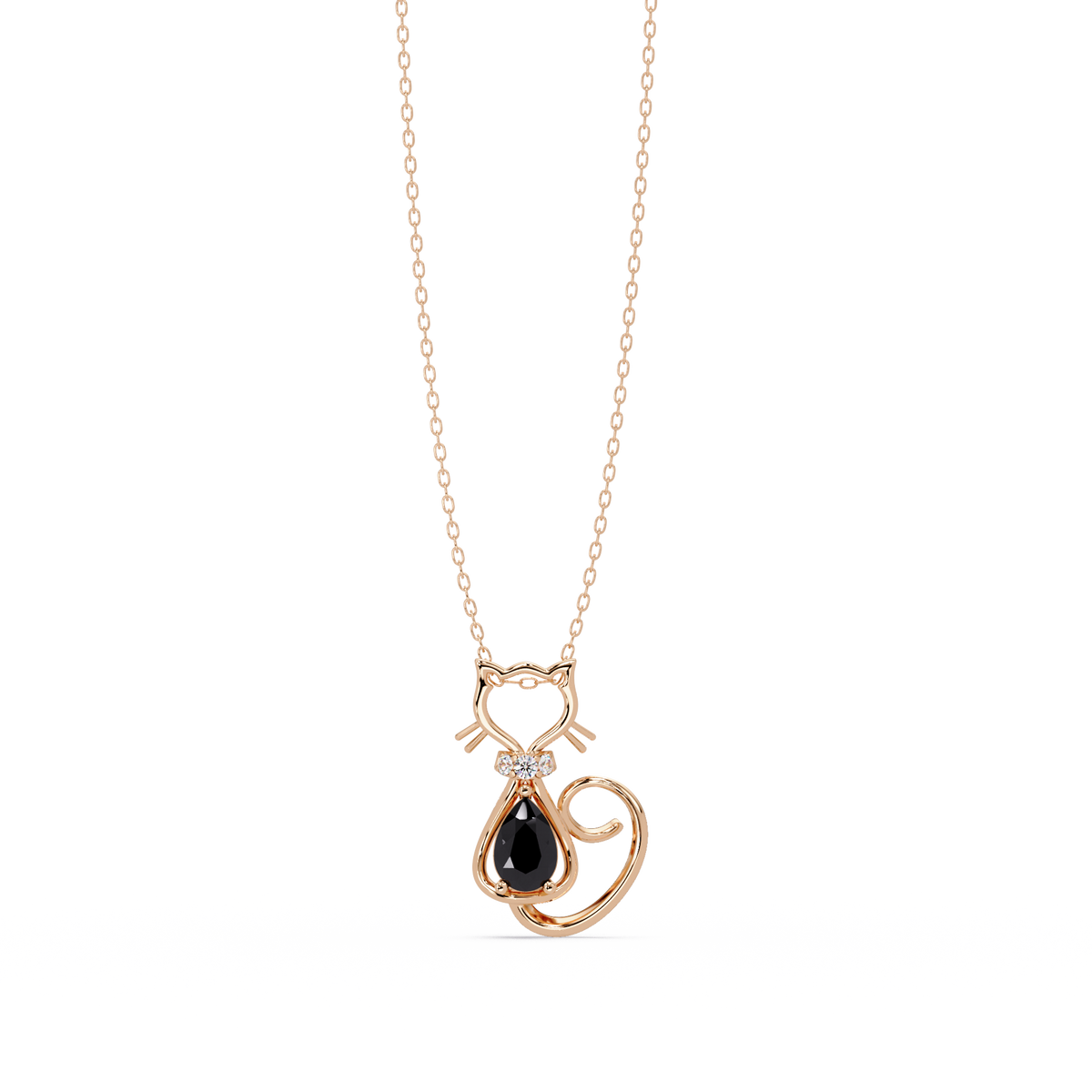 0.4 CTW Pear Cat Motif Colorstone Pendant Necklace — Onyx Black — 14K Rose Gold