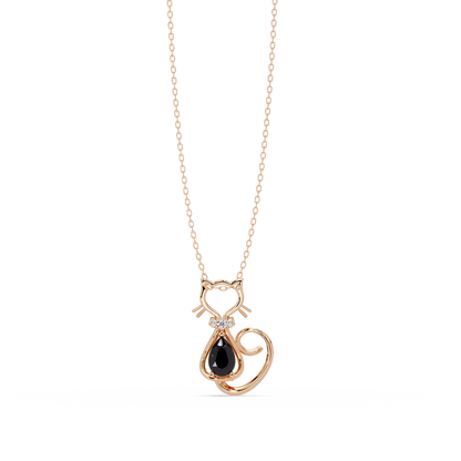 0.4 CTW Pear Cat Motif Colorstone Pendant Necklace — Onyx Black — 14K Rose Gold