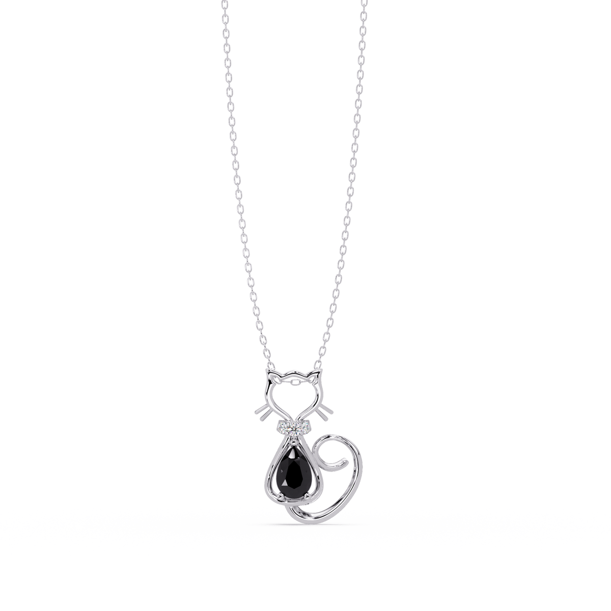 0.4 CTW Pear Cat Motif Colorstone Pendant Necklace — Onyx Black — 14K White Gold