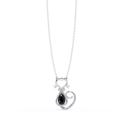 0.4 CTW Pear Cat Motif Colorstone Pendant Necklace — Onyx Black — 14K White Gold