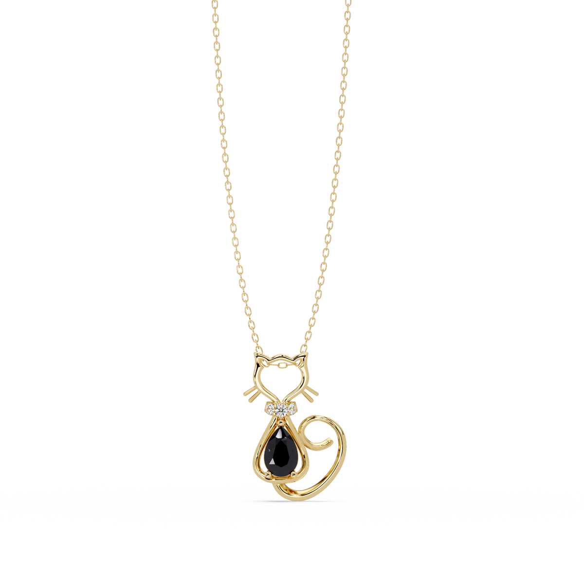 0.4 CTW Pear Cat Motif Colorstone Pendant Necklace — Onyx Black — 14K Yellow Gold