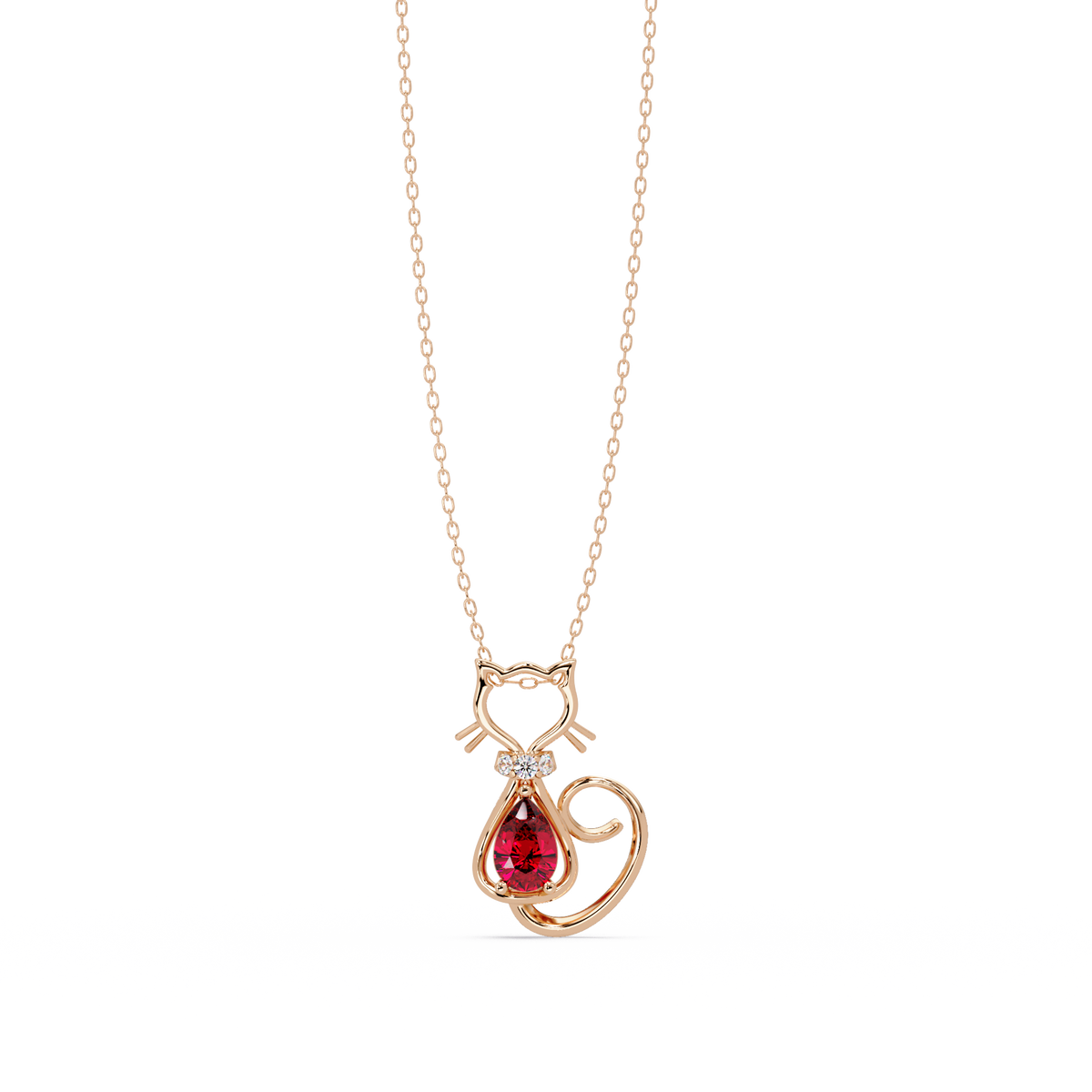 0.4 CTW Pear Cat Motif Colorstone Pendant Necklace — Ruby Deep Red — 14K Rose Gold