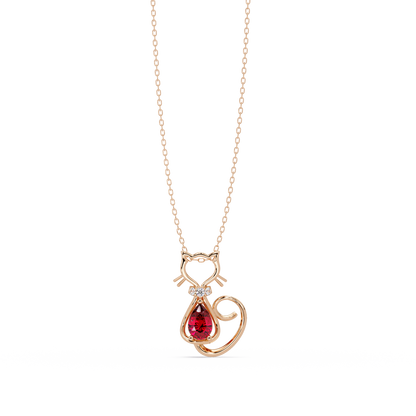 0.4 CTW Pear Cat Motif Colorstone Pendant Necklace — Ruby Deep Red — 14K Rose Gold
