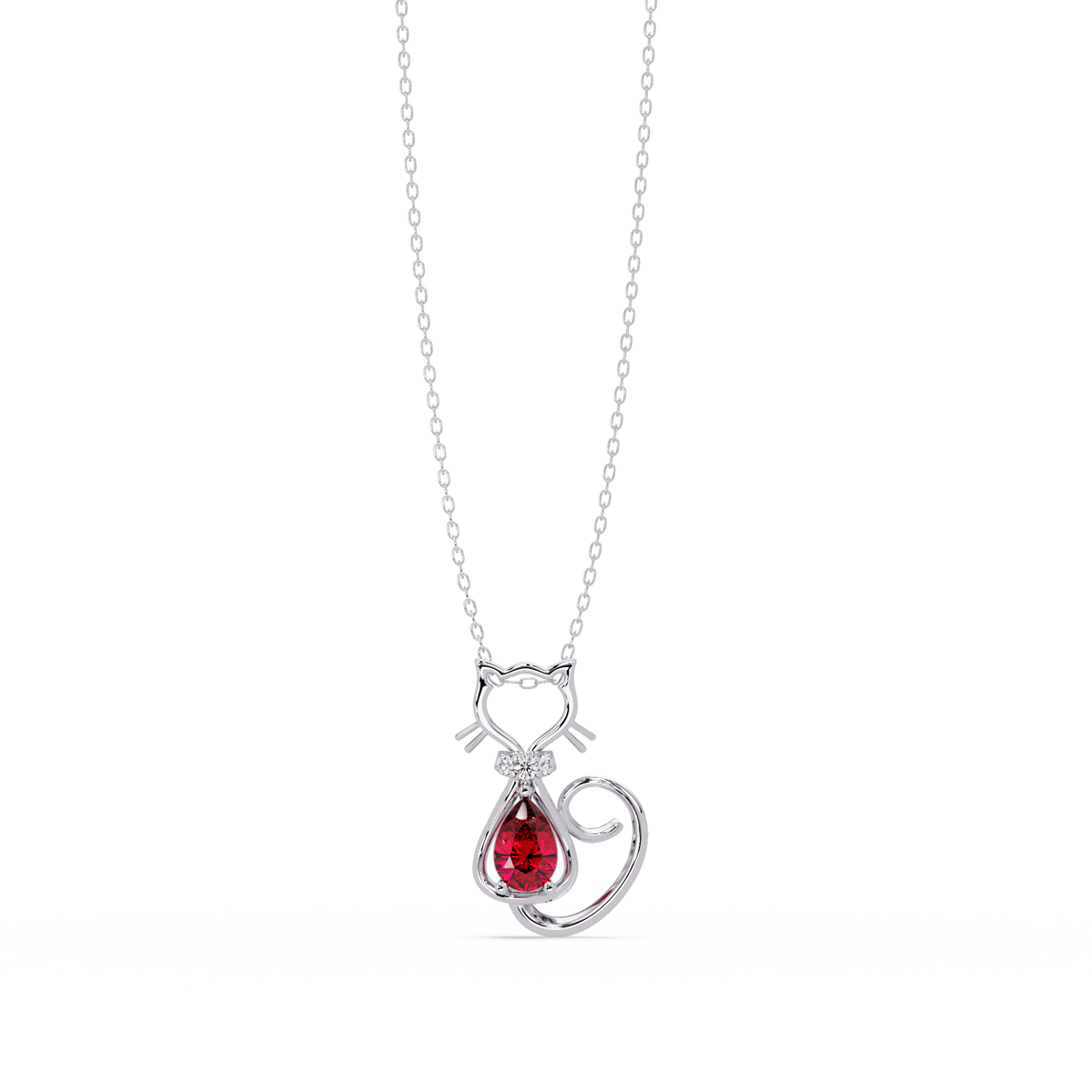 0.4 CTW Pear Cat Motif Colorstone Pendant Necklace — Ruby Deep Red — 14K White Gold