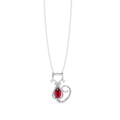 0.4 CTW Pear Cat Motif Colorstone Pendant Necklace — Ruby Deep Red — 14K White Gold