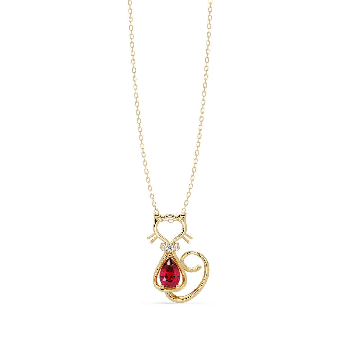 0.4 CTW Pear Cat Motif Colorstone Pendant Necklace — Ruby Deep Red — 14K Yellow Gold