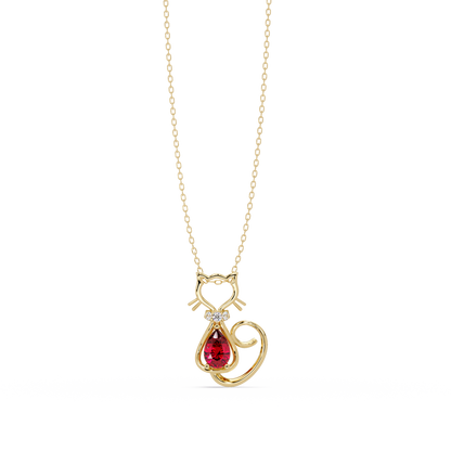 0.4 CTW Pear Cat Motif Colorstone Pendant Necklace — Ruby Deep Red — 14K Yellow Gold