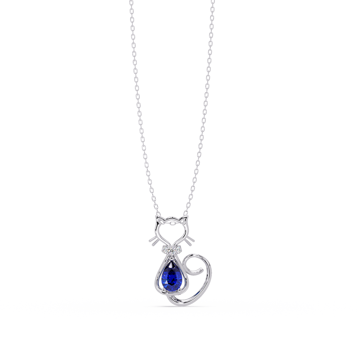 0.4 CTW Pear Cat Motif Colorstone Pendant Necklace — Sapphire Royal Blue — 14K White Gold