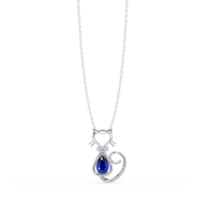 0.4 CTW Pear Cat Motif Colorstone Pendant Necklace — Sapphire Royal Blue — 14K White Gold