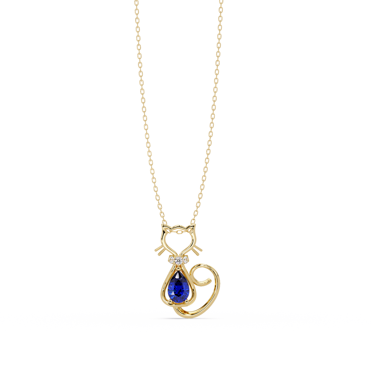 0.4 CTW Pear Cat Motif Colorstone Pendant Necklace — Sapphire Royal Blue — 14K Yellow Gold