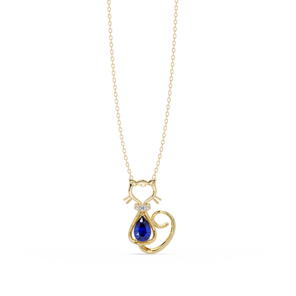 0.4 CTW Pear Cat Motif Colorstone Pendant Necklace — Sapphire Royal Blue — 14K Yellow Gold