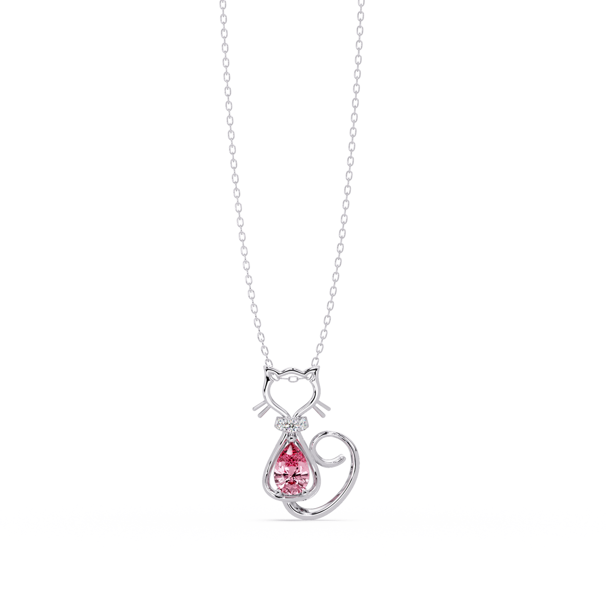 0.4 CTW Pear Cat Motif Colorstone Pendant Necklace — Tourmaline Rose Pink — 14K White Gold