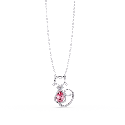 0.4 CTW Pear Cat Motif Colorstone Pendant Necklace — Tourmaline Rose Pink — 14K White Gold