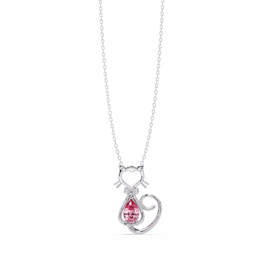 0.4 CTW Pear Cat Motif Colorstone Pendant Necklace — Tourmaline Rose Pink — 14K White Gold