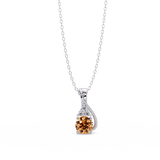 0.4 CTW Round Accent Drop Colorstone Pendant Necklace — Champagne Topaz Amber — 14K White Gold