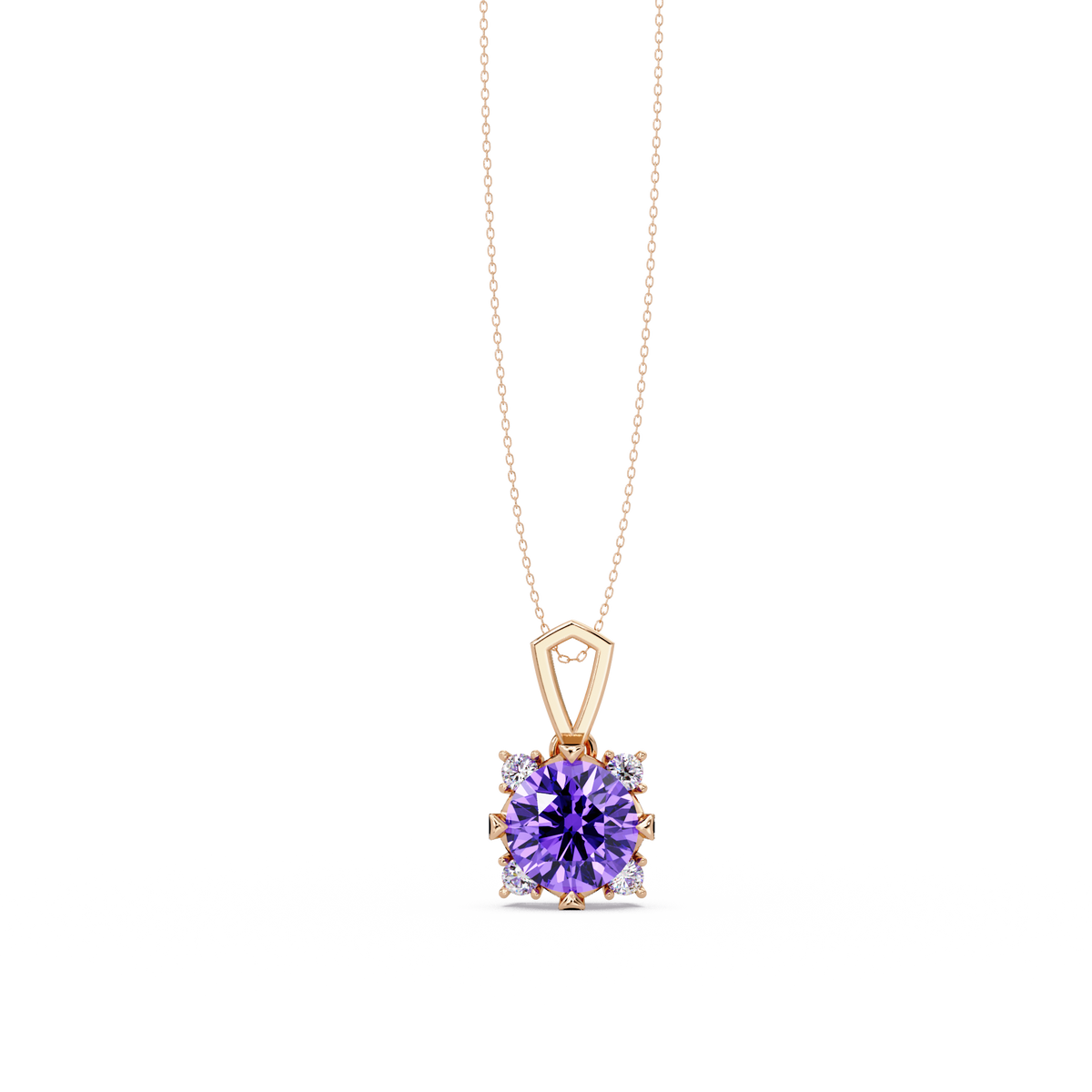 1.6 CTW Round Four-Accent Colorstone Pendant Necklace — Amethyst Lavender — 14K Rose Gold