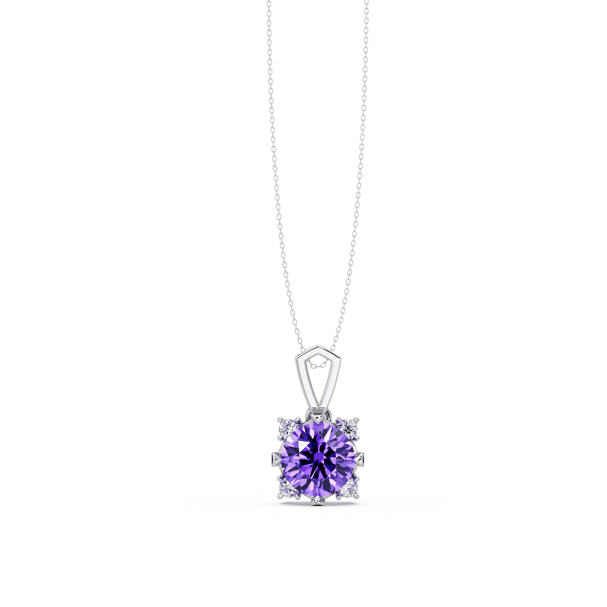 1.6 CTW Round Four-Accent Colorstone Pendant Necklace — Amethyst Lavender — 14K White Gold