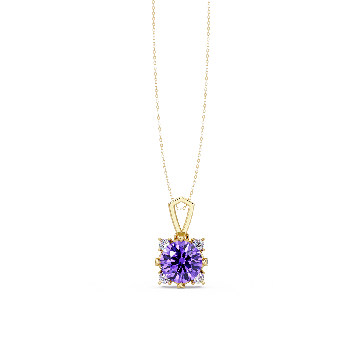 1.6 CTW Round Four-Accent Colorstone Pendant Necklace — Amethyst Lavender — 14K Yellow Gold