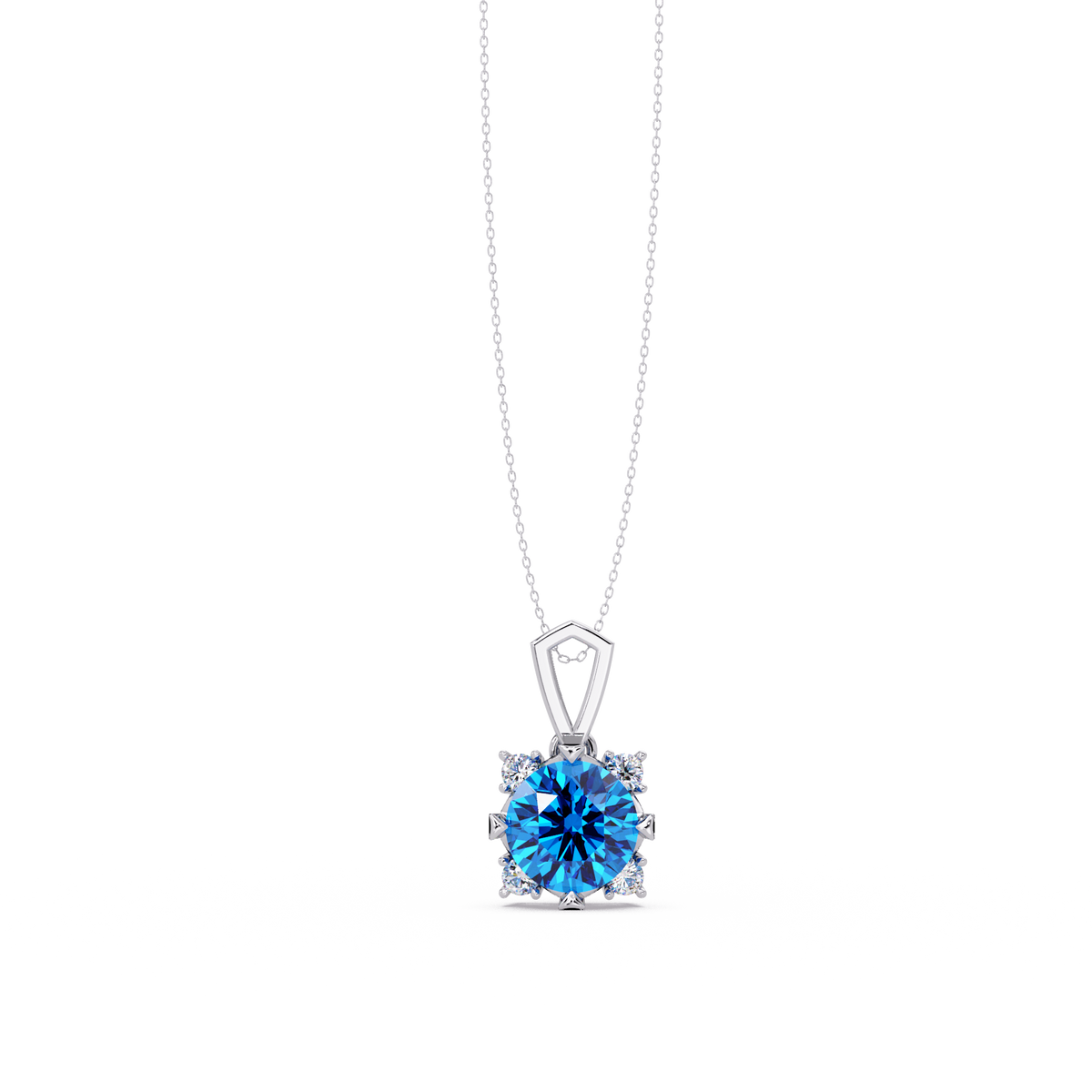 1.6 CTW Round Four-Accent Colorstone Pendant Necklace — Aquamarine Sky Blue — 14K White Gold