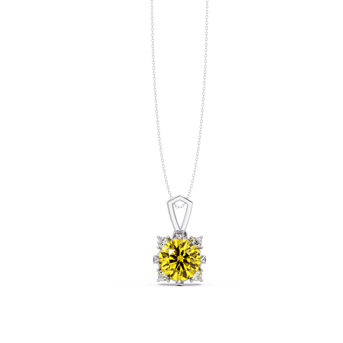 1.6 CTW Round Four-Accent Colorstone Pendant Necklace — Citrine Lemon Yellow — 14K White Gold