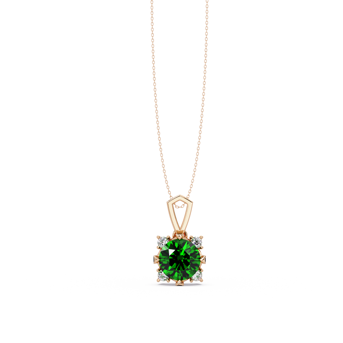 1.6 CTW Round Four-Accent Colorstone Pendant Necklace — Emerald Deep Green — 14K Rose Gold