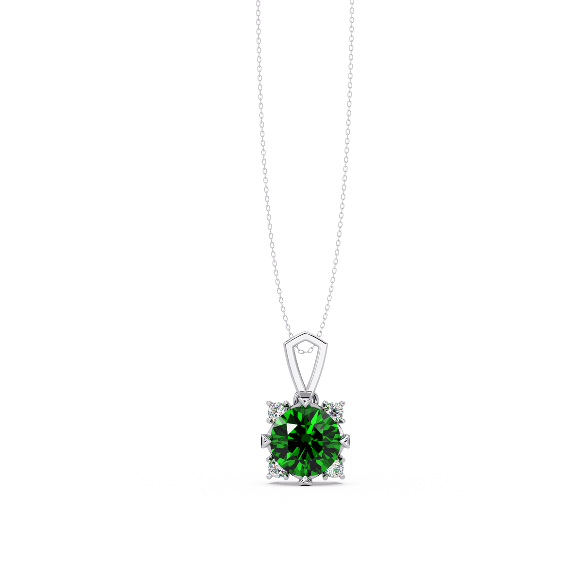 1.6 CTW Round Four-Accent Colorstone Pendant Necklace — Emerald Deep Green — 14K White Gold