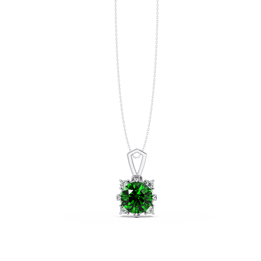1.6 CTW Round Four-Accent Colorstone Pendant Necklace — Emerald Deep Green — 14K White Gold