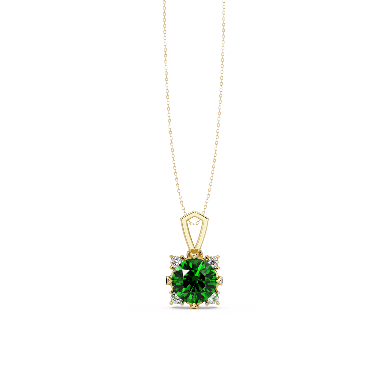 1.6 CTW Round Four-Accent Colorstone Pendant Necklace — Emerald Deep Green — 14K Yellow Gold