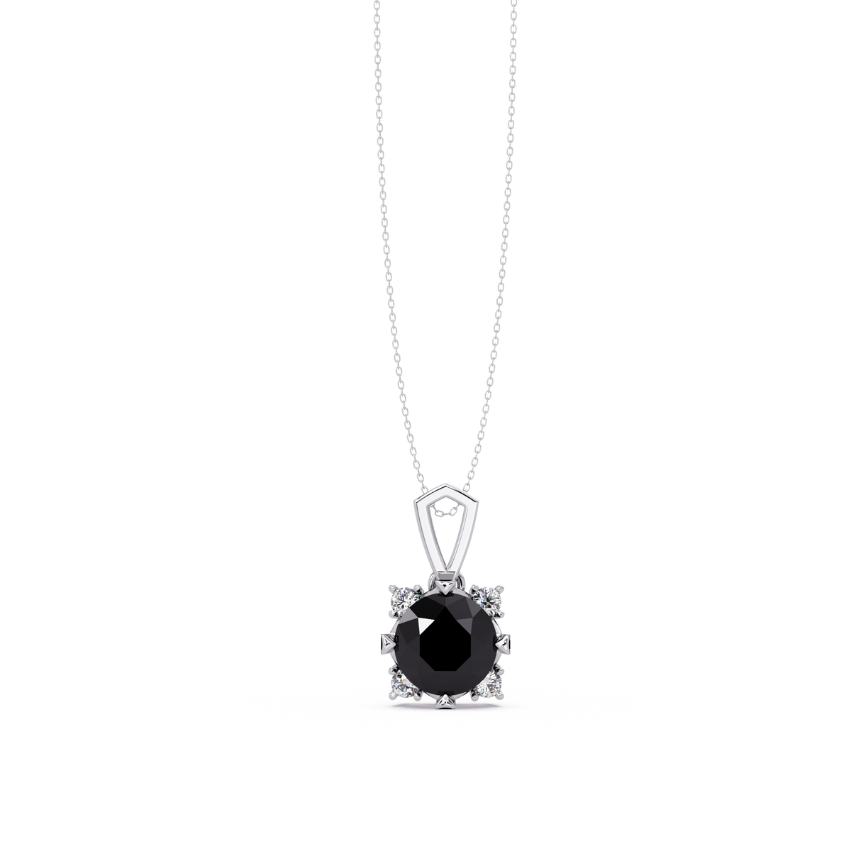 1.6 CTW Round Four-Accent Colorstone Pendant Necklace — Onyx Black — 14K White Gold