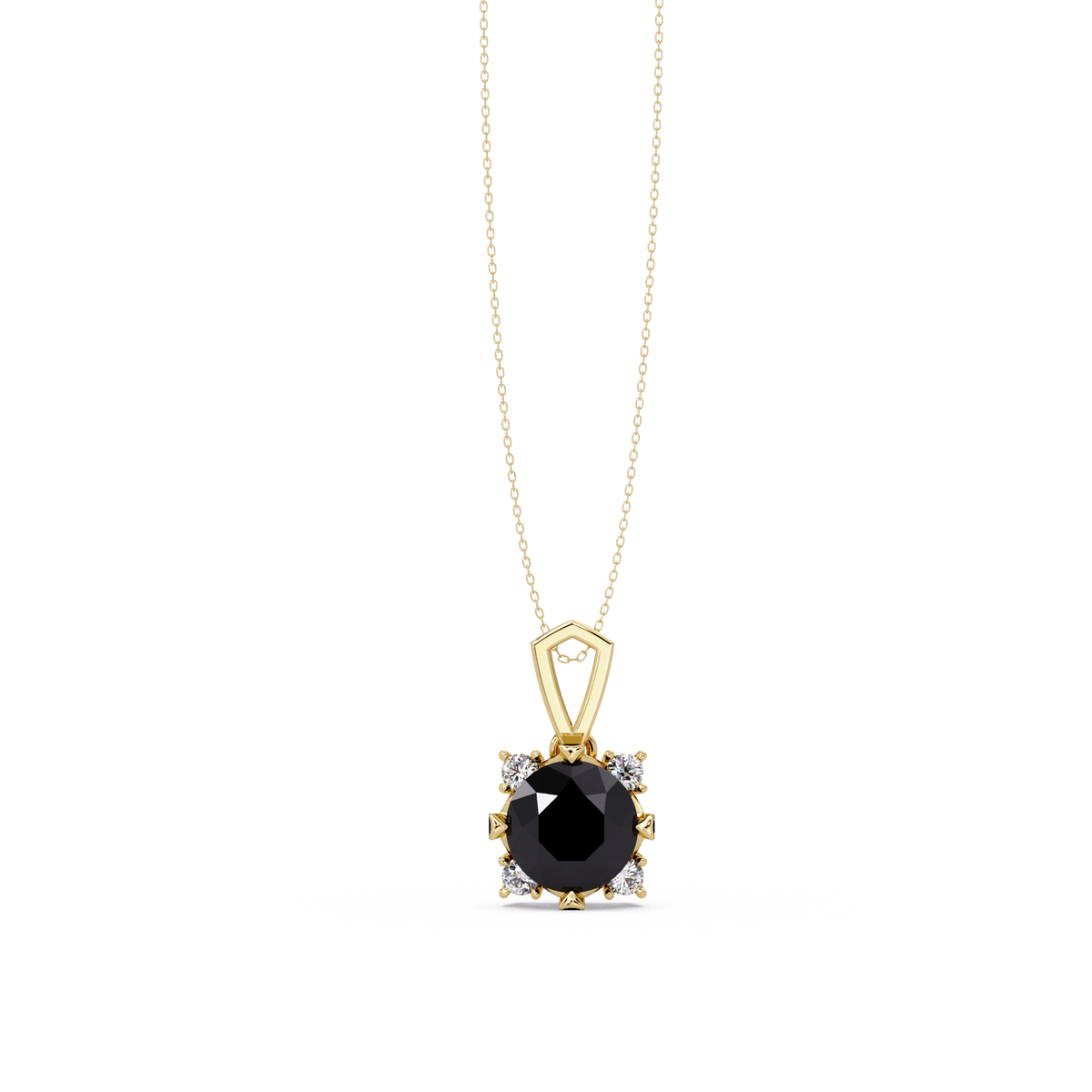 1.6 CTW Round Four-Accent Colorstone Pendant Necklace — Onyx Black — 14K Yellow Gold