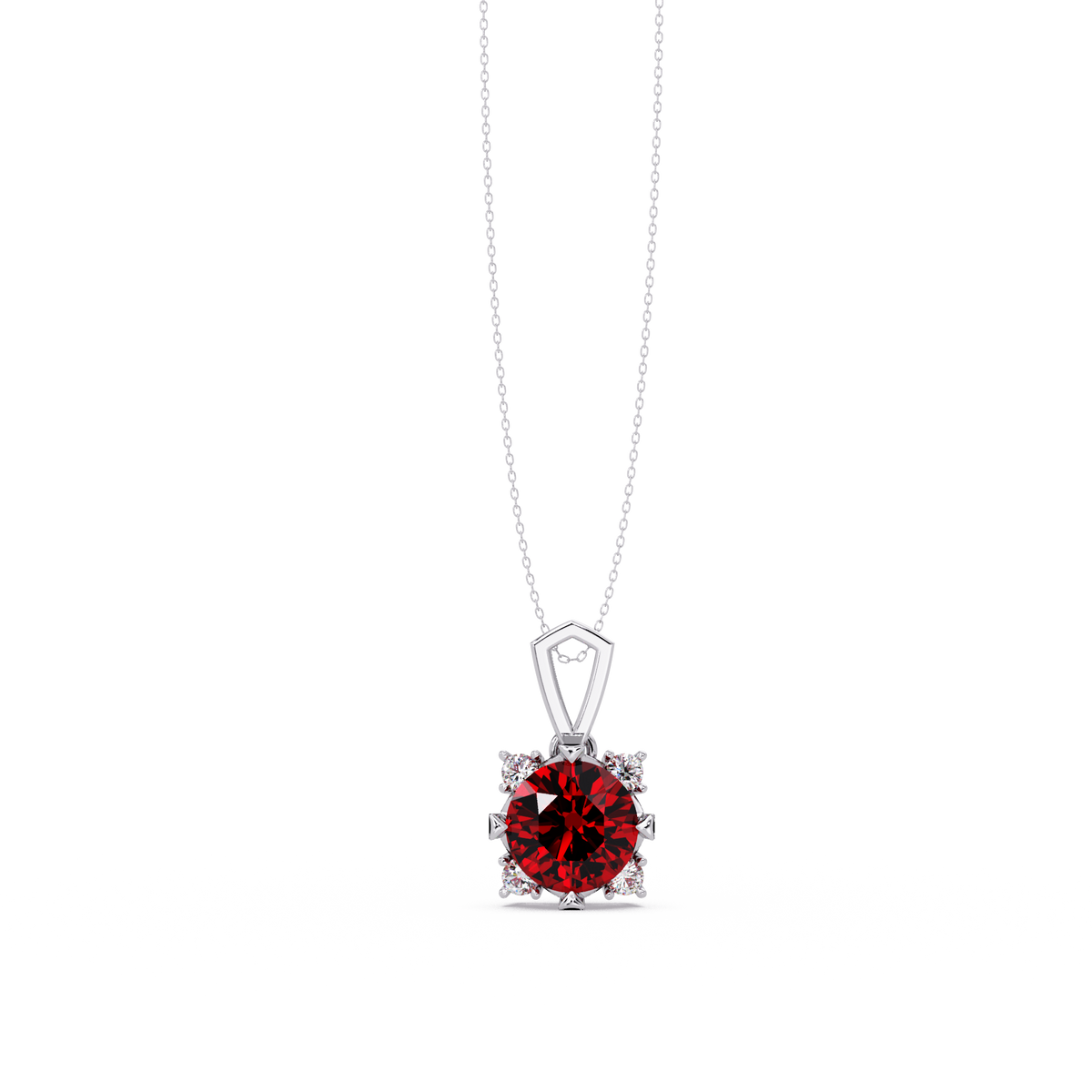 1.6 CTW Round Four-Accent Colorstone Pendant Necklace — Ruby Deep Red — 14K White Gold