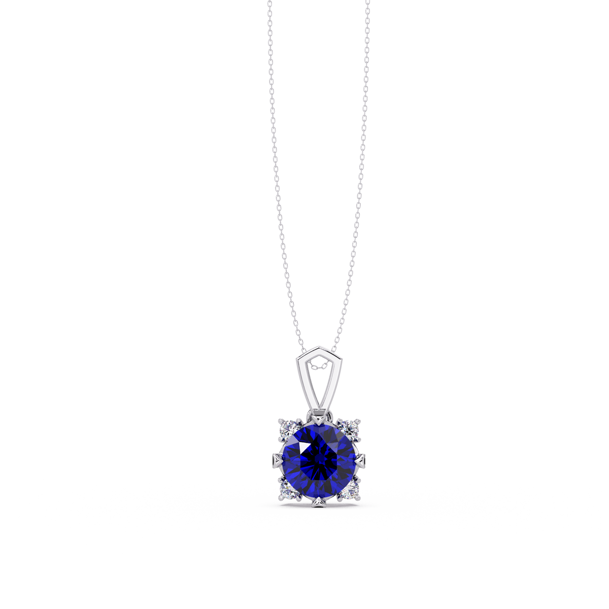 1.6 CTW Round Four-Accent Colorstone Pendant Necklace — Sapphire Royal Blue — 14K White Gold