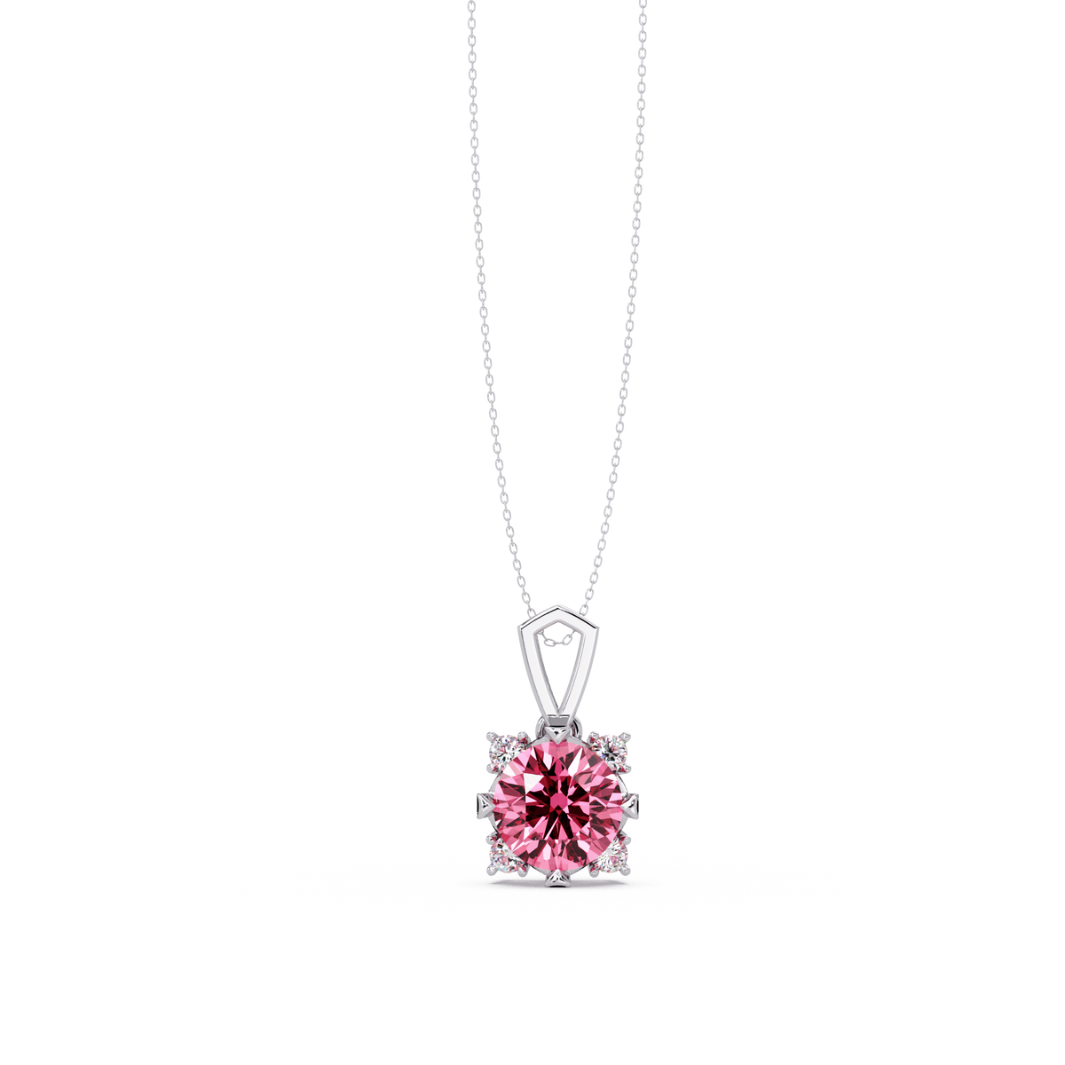 1.6 CTW Round Four-Accent Colorstone Pendant Necklace — Tourmaline Rose Pink — 14K White Gold